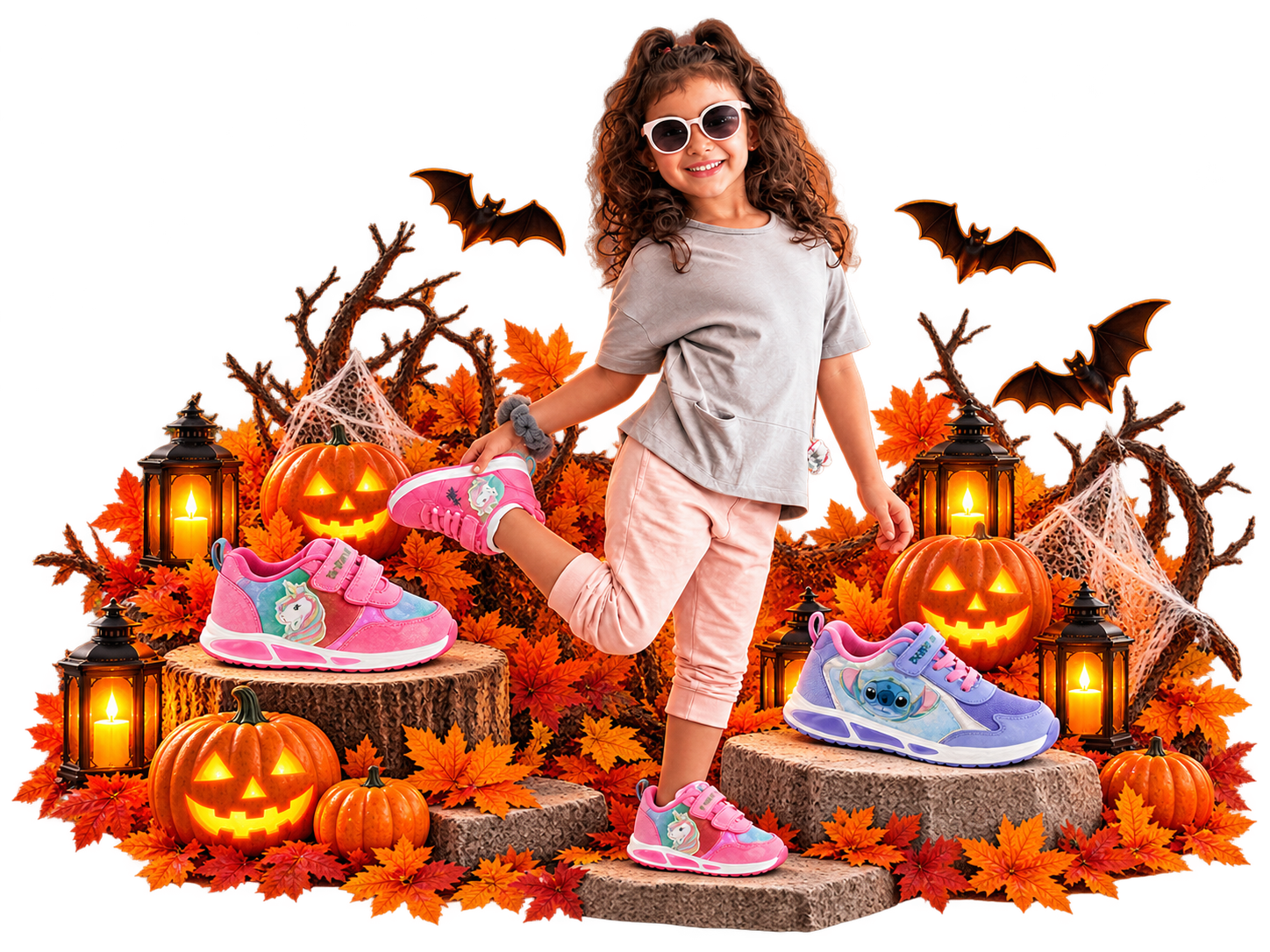 Collection Enfant Halloween Lachapelle : petite fille, baskets roses et violettes, citrouilles et décorations Halloween